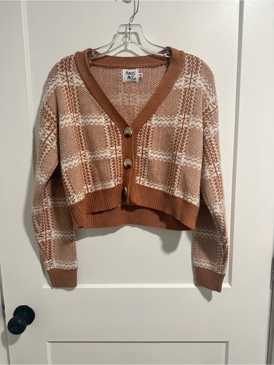 Princess Polly Sweaters - Princess Polly Rust and Cream Plaid Cropped Cardigan Sweater